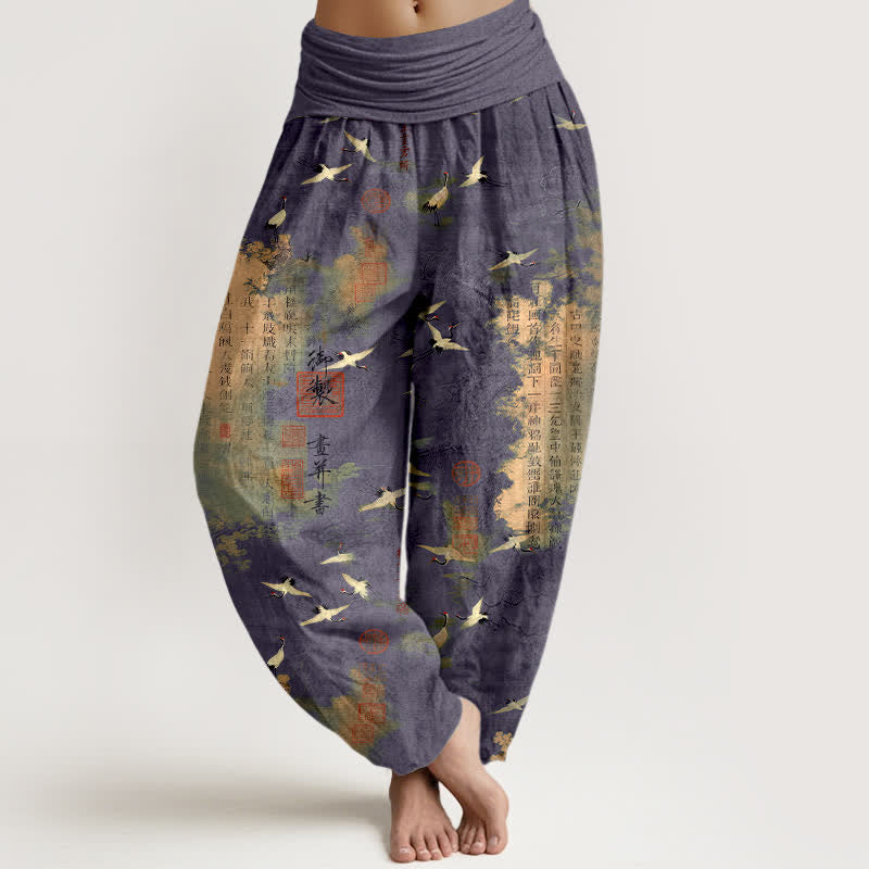 Buddha Stones Haremshose aus Baumwolle mit goldenem Kranich-Kalligrafiemuster und elastischem Bund für Damen - Schieferblau - US16, UK/AU20, EU48 (3XL) - image 8