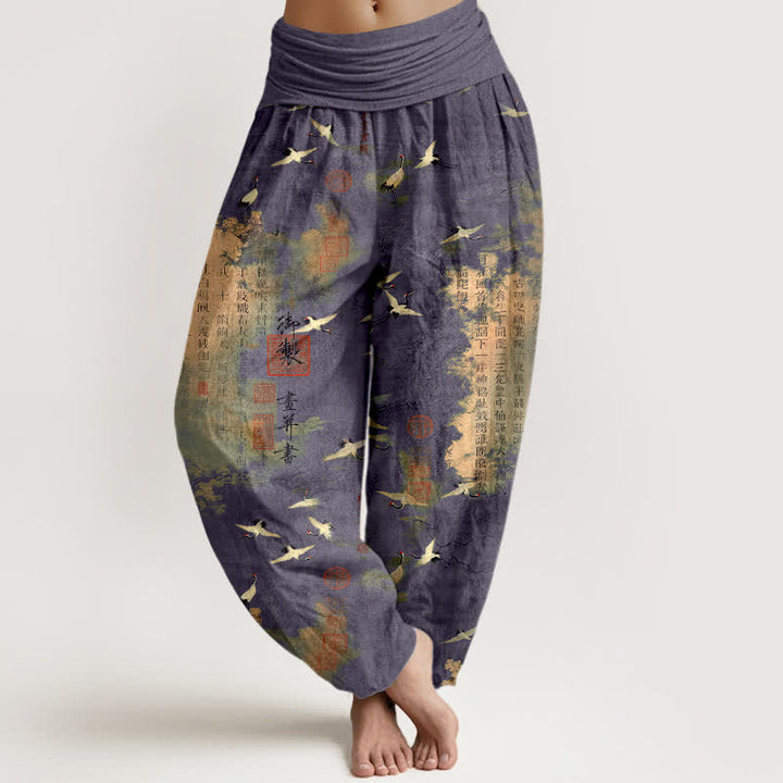 Buddha Stones Haremshose aus Baumwolle mit goldenem Kranich-Kalligrafiemuster und elastischem Bund für Damen - Schieferblau - US16, UK/AU20, EU48 (3XL) - image 8