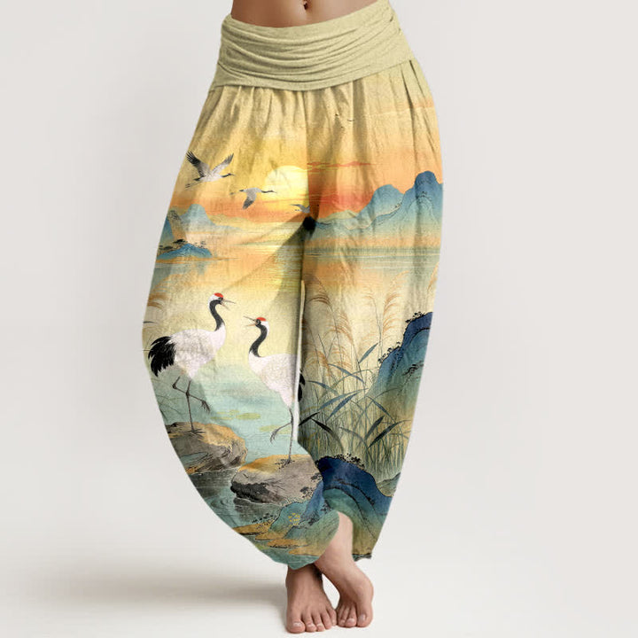 Buddha Stones Baumwoll-Haremshose mit Kranichmuster und elastischem Bund für Damen - Zitronen-Chiffon - US16, UK/AU20, EU48 (3XL) - image 0