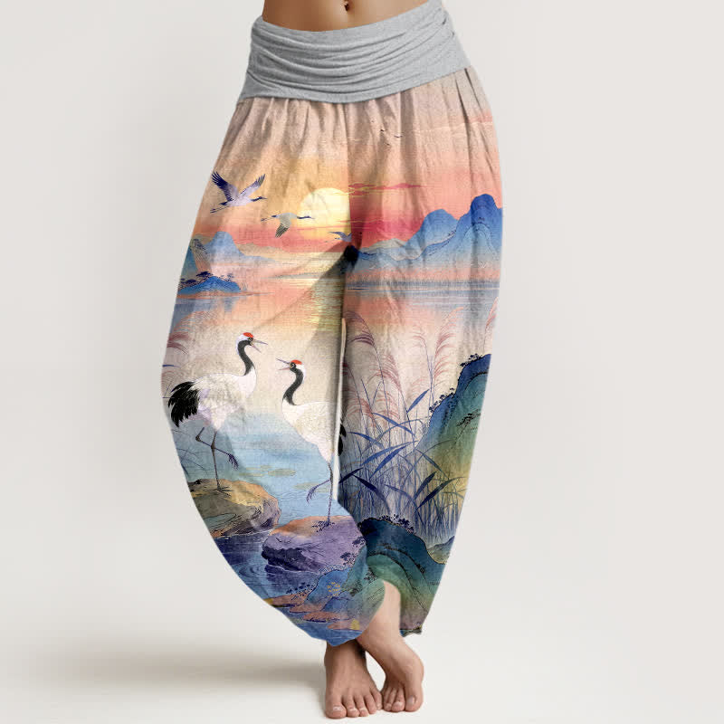 Buddha Stones Baumwoll-Haremshose mit Kranichmuster und elastischem Bund für Damen - Hellgrau - US16, UK/AU20, EU48 (3XL) - image 5