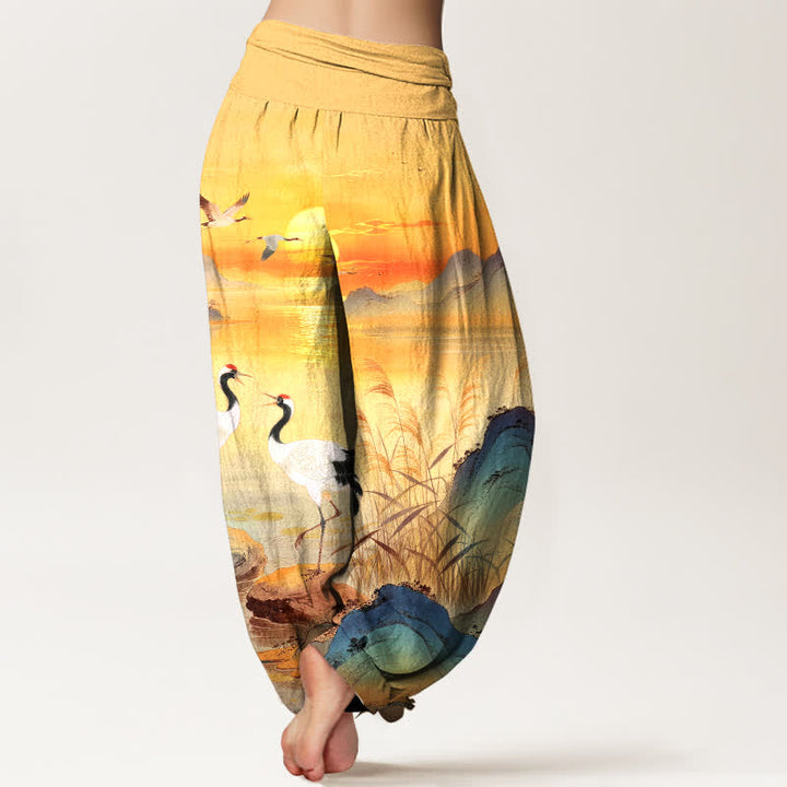 Buddha Stones Baumwoll-Haremshose mit Kranichmuster und elastischem Bund für Damen - image 10
