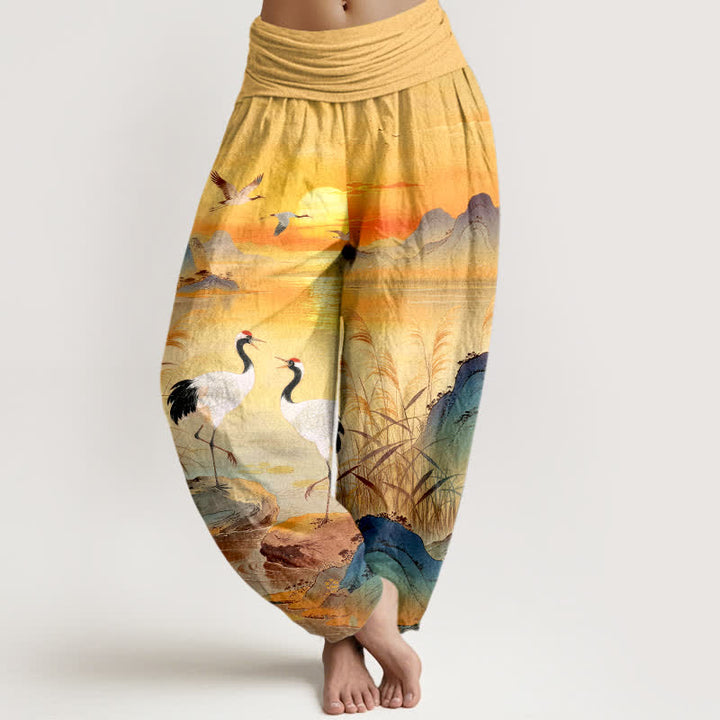 Buddha Stones Baumwoll-Haremshose mit Kranichmuster und elastischem Bund für Damen - Gold - US16, UK/AU20, EU48 (3XL) - image 8