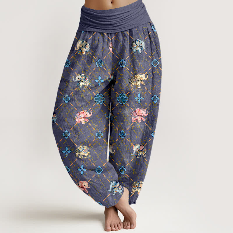Buddha Stones Baumwoll-Haremshose mit Elefanten- und Blumenmuster, elastischer Bund, Damen - Schieferblau - US16, UK/AU20, EU48 (3XL) - image 0
