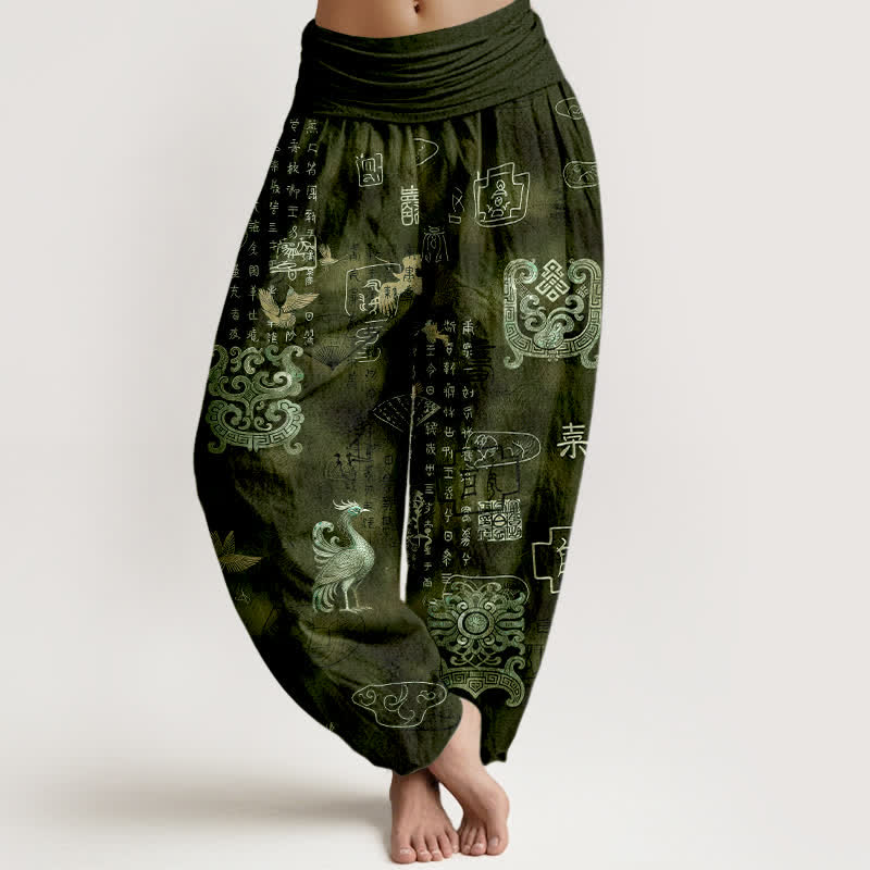 Buddha Stones Baumwoll-Haremshose mit Phönix-Wolkenmuster und elastischem Bund für Damen - Dunkelolivgrün - US16, UK/AU20, EU48 (3XL) - image 5