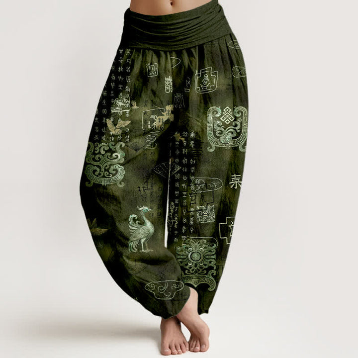 Buddha Stones Baumwoll-Haremshose mit Phönix-Wolkenmuster und elastischem Bund für Damen - Dunkelolivgrün - US16, UK/AU20, EU48 (3XL) - image 5