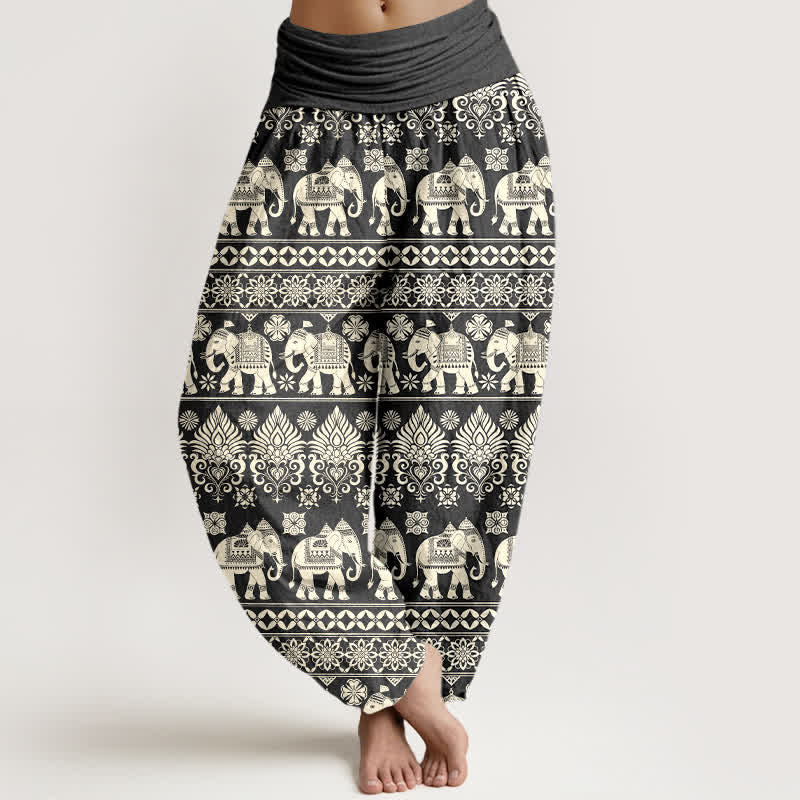 Buddha Stones Haremshose aus Baumwolle mit Elefanten- und Tribal-Streifenmuster sowie elastischem Bund für Damen - DimGray - US16, UK/AU20, EU48 (3XL) - image 5