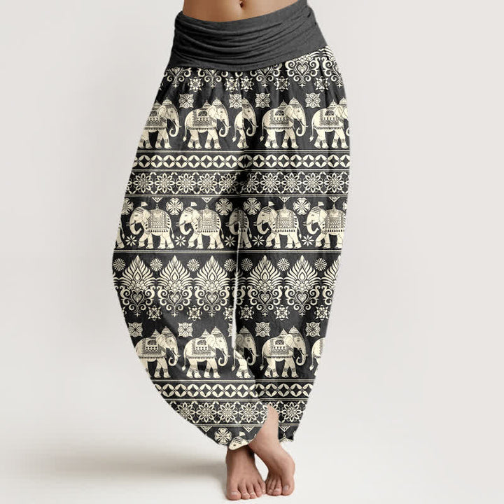 Buddha Stones Haremshose aus Baumwolle mit Elefanten- und Tribal-Streifenmuster sowie elastischem Bund für Damen - DimGray - US16, UK/AU20, EU48 (3XL) - image 5