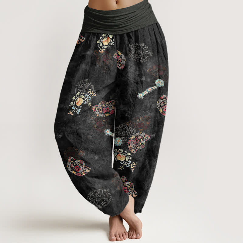 Buddha Stones Baumwoll-Haremshose mit böhmischem Blumenfächermuster und elastischem Bund für Damen - Schwarz - US16, UK/AU20, EU48 (3XL) - image 0