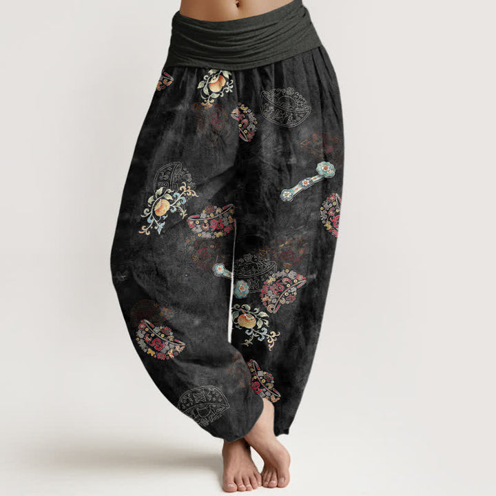 Buddha Stones Baumwoll-Haremshose mit böhmischem Blumenfächermuster und elastischem Bund für Damen - Schwarz - US16, UK/AU20, EU48 (3XL) - image 0