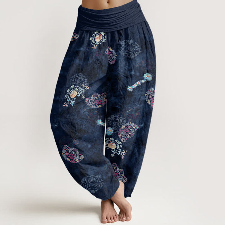 Buddha Stones Baumwoll-Haremshose mit böhmischem Blumenfächermuster und elastischem Bund für Damen - Marine - US16, UK/AU20, EU48 (3XL) - image 8