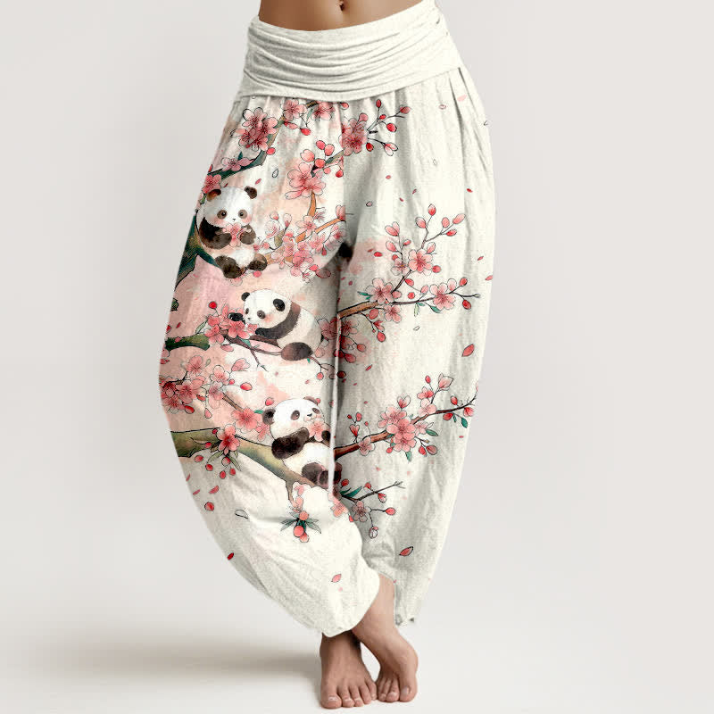 Buddha Stones Baumwoll-Haremshose mit Panda- und Kirschblütenmuster, elastischer Bund, Damen - Weiß - US16, UK/AU20, EU48 (3XL) - image 0