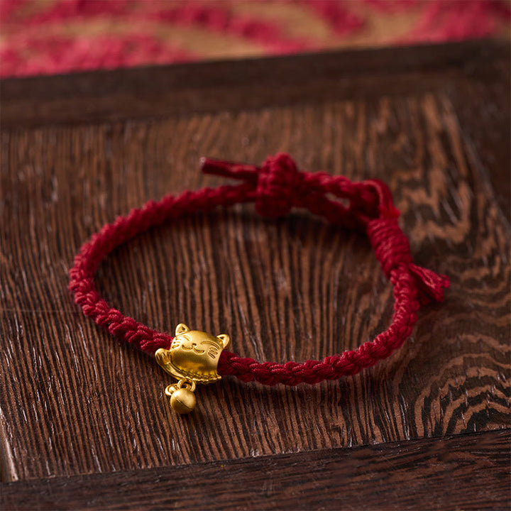 Buddha Stones Tibetisches rotes Kupferarmband mit Glückskatzen-Anhänger und Kugel, handgewebt - image 4