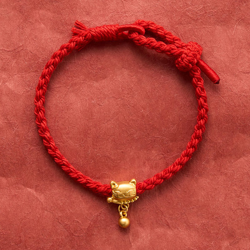 Buddha Stones Tibetisches rotes Kupferarmband mit Glückskatzen-Anhänger und Kugel, handgewebt - image 12