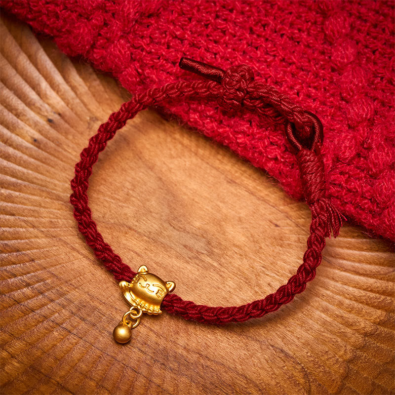 Buddha Stones Tibetisches rotes Kupferarmband mit Glückskatzen-Anhänger und Kugel, handgewebt - image 1