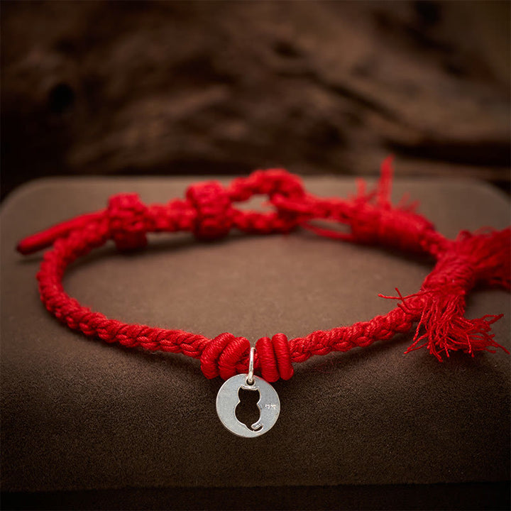Buddha Stones Armband aus 925er Sterlingsilber mit rotem Katzenanhänger und rundem, hohlem Design - image 3