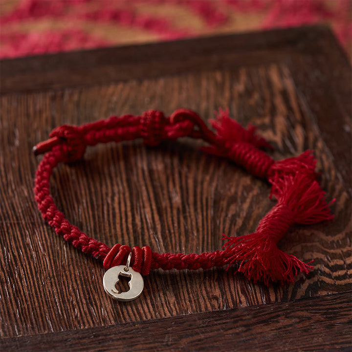 Buddha Stones Armband aus 925er Sterlingsilber mit rotem Katzenanhänger und rundem, hohlem Design - image 12