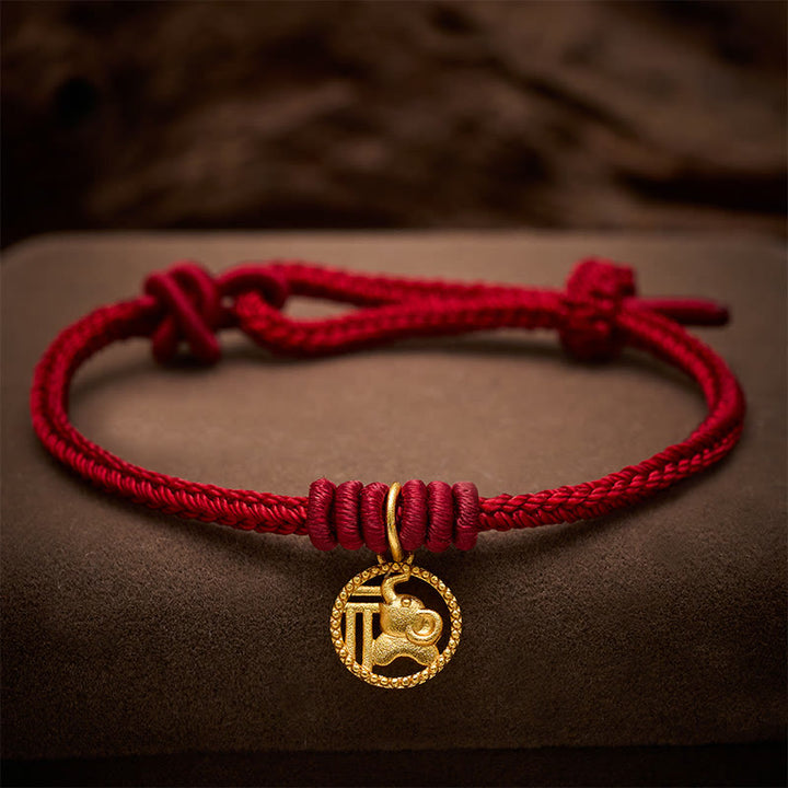 Buddha Stones Elefanten-Fu-Charakter, vergoldetes Kupfer-Rot-Faden-Armband - Dunkelrot (Handgelenkumfang 15-18 cm) - image 11