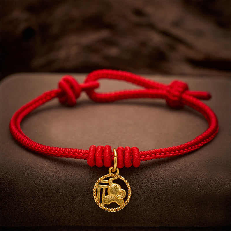 Buddha Stones Elefanten-Fu-Charakter, vergoldetes Kupfer-Rot-Faden-Armband - Rot (Handgelenkumfang 15-18 cm) - image 0