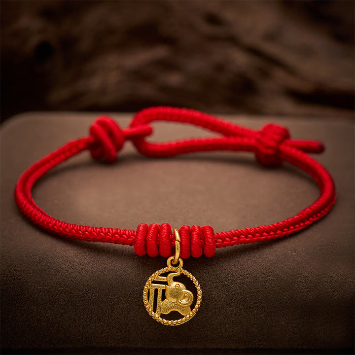 Buddha Stones Elefanten-Fu-Charakter, vergoldetes Kupfer-Rot-Faden-Armband - Rot (Handgelenkumfang 15-18 cm) - image 0
