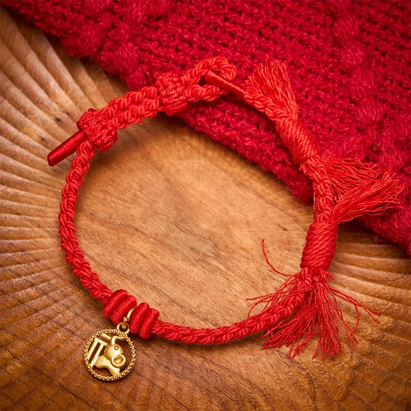 Buddha Stones Elefanten-Fu-Charakter, vergoldetes Kupfer-Rotfaden-Bastelband aus Tibet - Rot (Handgelenkumfang 14-17 cm) - image 0
