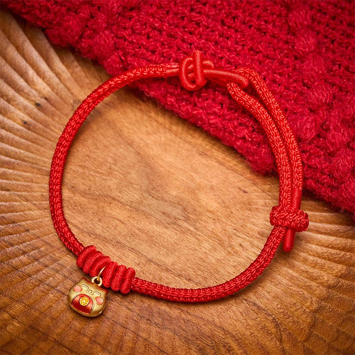 Buddha Stones Vergoldetes Katzen-Schutzarmband aus 925er Sterlingsilber mit roter Schnur - Rot (Handgelenkumfang 15-18 cm) - image 0