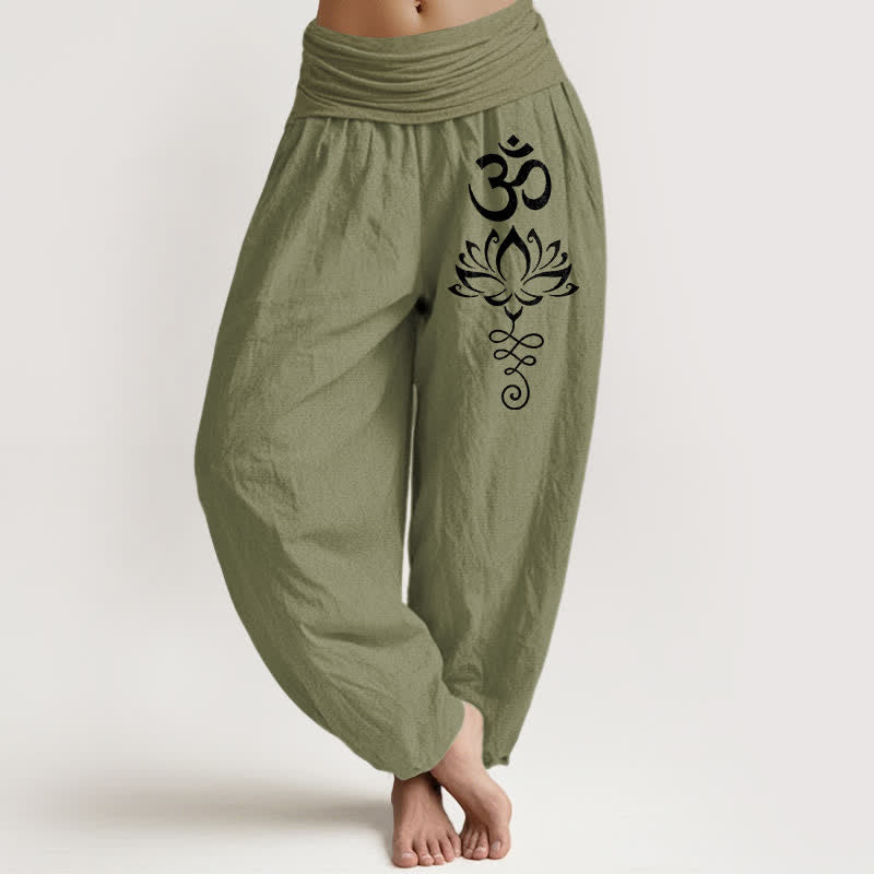 Buddha Stones Damen-Haremshose aus reiner Baumwolle mit Lotus-Om-Muster und elastischem Bund - Olivgrün - US16, UK/AU20, EU48 (3XL) - image 14