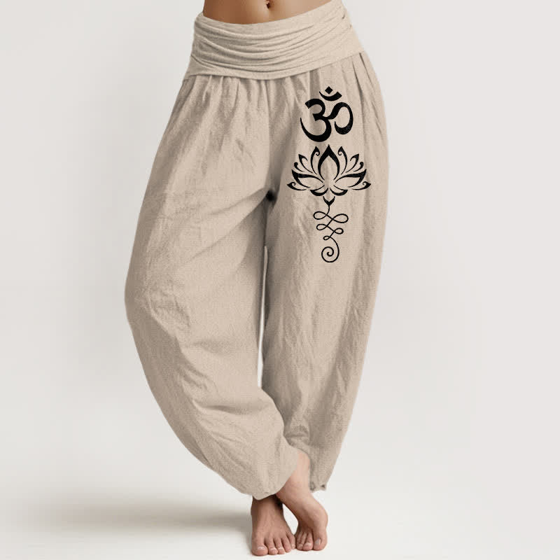 Buddha Stones Damen-Haremshose aus reiner Baumwolle mit Lotus-Om-Muster und elastischem Bund - Bräunen - US16, UK/AU20, EU48 (3XL) - image 11