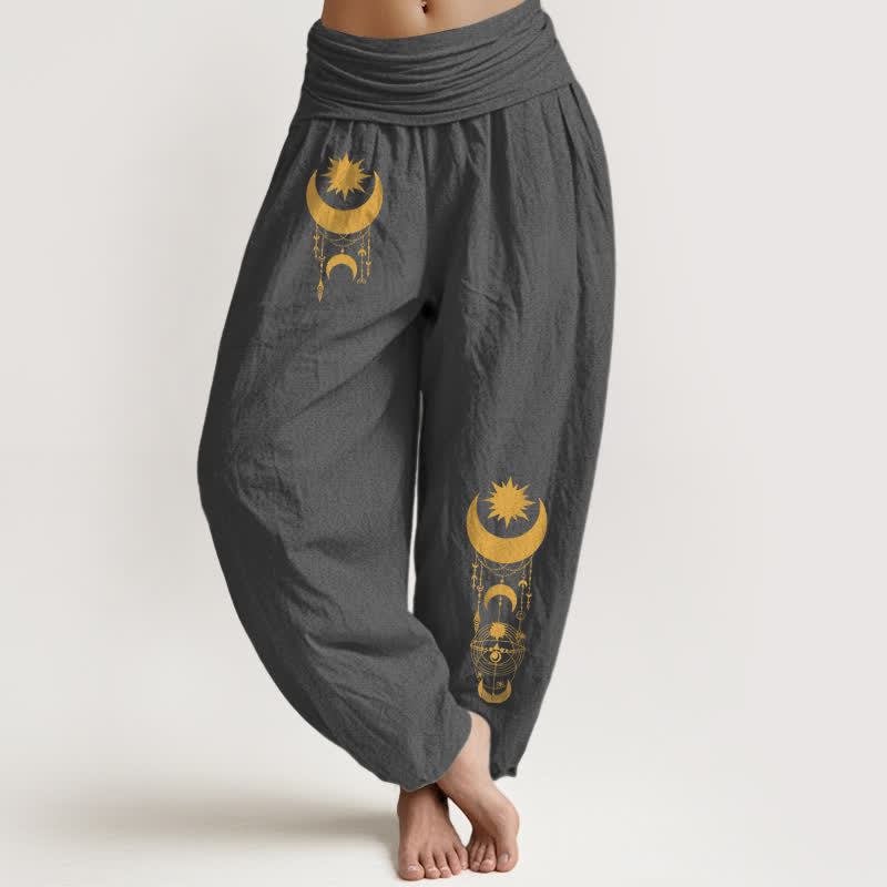 Buddha Stones Damen-Haremshose aus reiner Baumwolle mit goldenem Halbmond- und Sternenmuster, elastischem Bund - DimGray - US16, UK/AU20, EU48 (3XL) - image 0