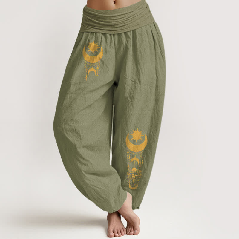 Buddha Stones Damen-Haremshose aus reiner Baumwolle mit goldenem Halbmond- und Sternenmuster, elastischem Bund - Olivgrün - US16, UK/AU20, EU48 (3XL) - image 11