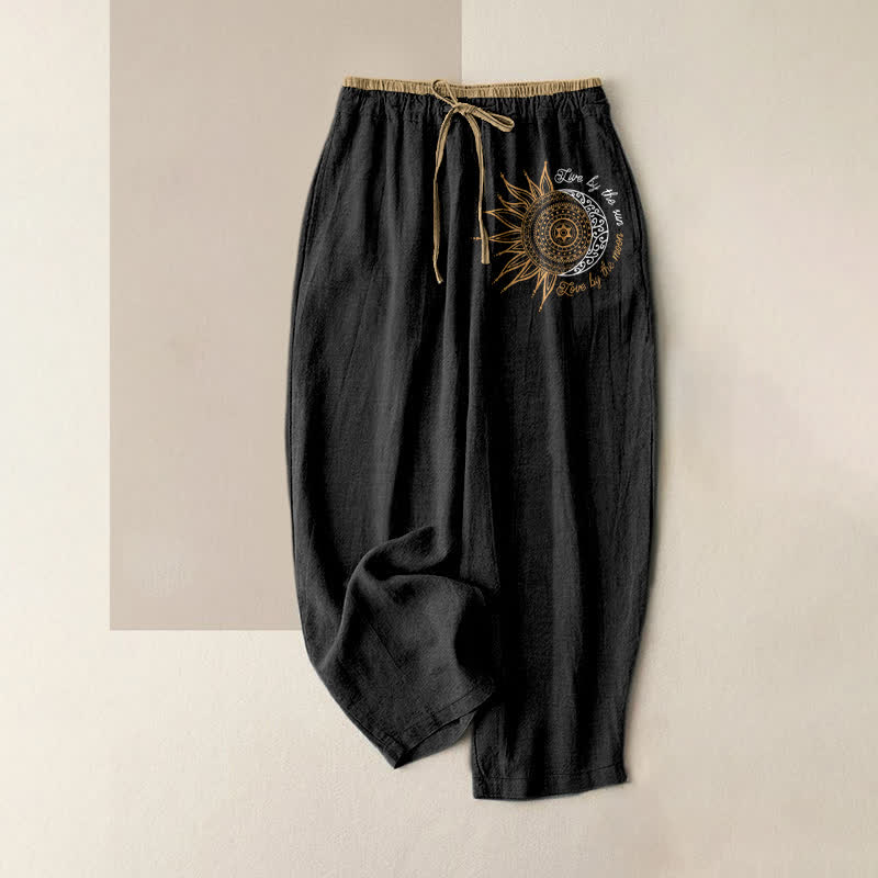 Buddha Stones Damenhose aus reiner Baumwolle mit Mandala-Muster (Sonne und Mond), elastischem Bund und Taschen - Schwarz - US16, UK/AU20, EU48 (3XL) - image 0