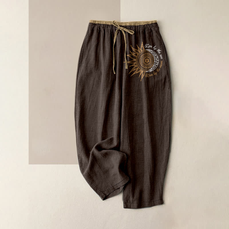 Buddha Stones Damenhose aus reiner Baumwolle mit Mandala-Muster (Sonne und Mond), elastischem Bund und Taschen - Sattelbraun - US16, UK/AU20, EU48 (3XL) - image 4