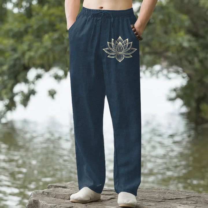 Buddha Stones Herren-Baumwollhose mit goldenem Lotusmuster, schmal zulaufendem Schnitt und Taschen - Marine - US/ UK/AU50, EU60 (5XL) - image 0
