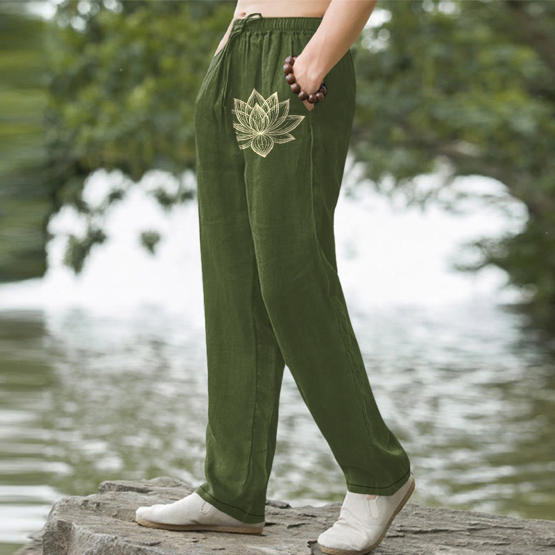Buddha Stones Herren-Baumwollhose mit goldenem Lotusmuster, schmal zulaufendem Schnitt und Taschen - image 5