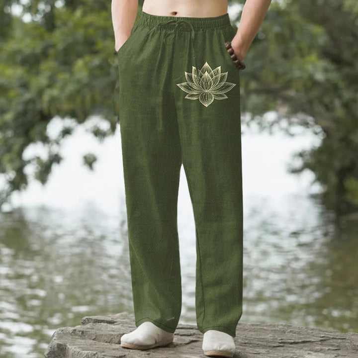Buddha Stones Herren-Baumwollhose mit goldenem Lotusmuster, schmal zulaufendem Schnitt und Taschen - Dunkelolivgrün - US/ UK/AU50, EU60 (5XL) - image 4