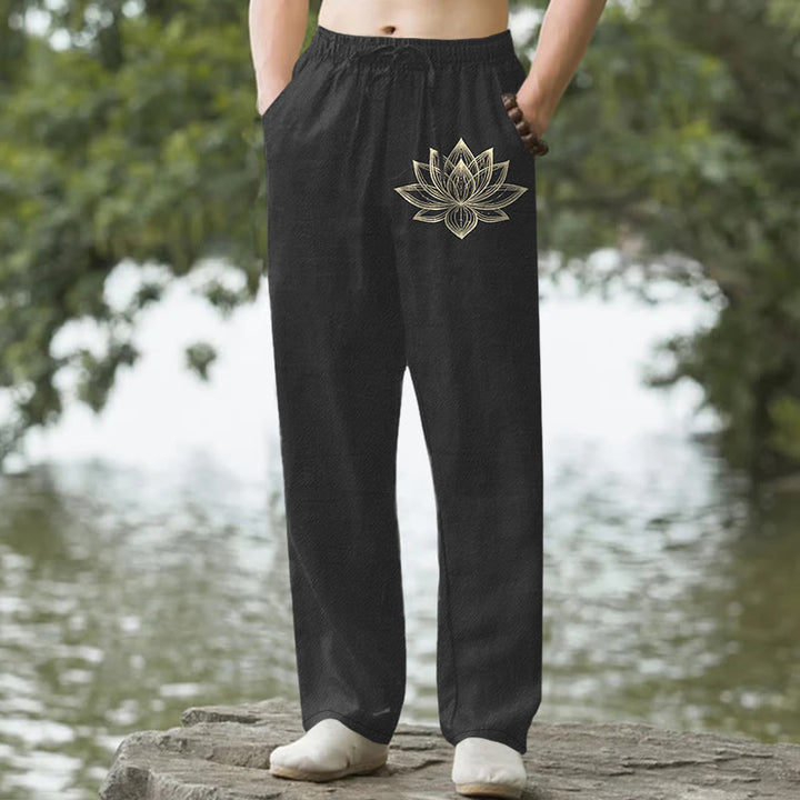 Buddha Stones Herren-Baumwollhose mit goldenem Lotusmuster, schmal zulaufendem Schnitt und Taschen - Schwarz - US/ UK/AU50, EU60 (5XL) - image 6
