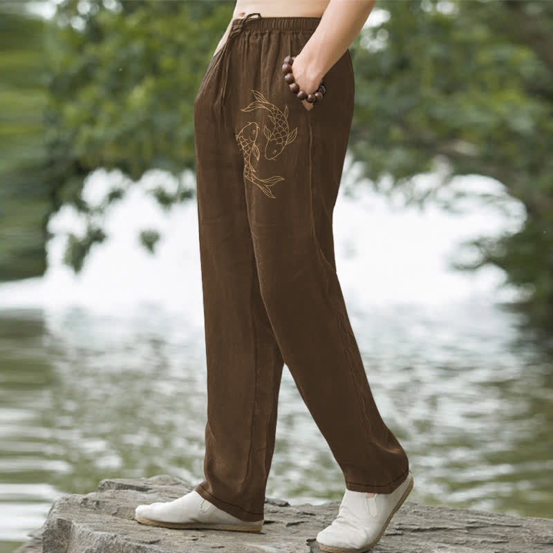 Buddha Stones Herren-Baumwollhose mit goldenem Koi-Muster, schmal zulaufendem Schnitt und Taschen - image 7
