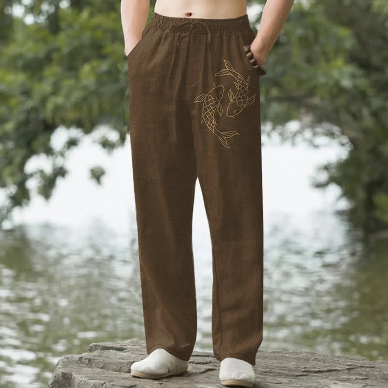 Buddha Stones Herren-Baumwollhose mit goldenem Koi-Muster, schmal zulaufendem Schnitt und Taschen - Sattelbraun - US/ UK/AU50, EU60 (5XL) - image 6