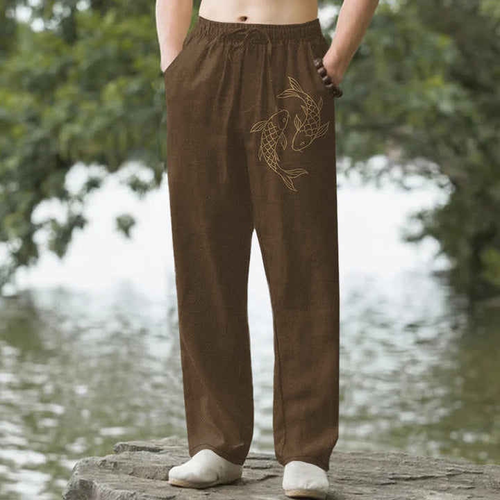 Buddha Stones Herren-Baumwollhose mit goldenem Koi-Muster, schmal zulaufendem Schnitt und Taschen - Sattelbraun - US/ UK/AU50, EU60 (5XL) - image 6