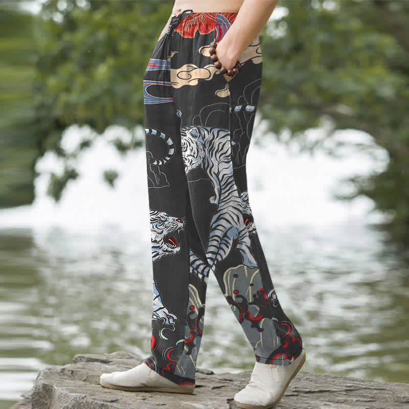 Buddha Stones Weiße Baumwollhose für Herren mit Tigerwolkenmuster, schmal zulaufendem Schnitt und Taschen - image 1