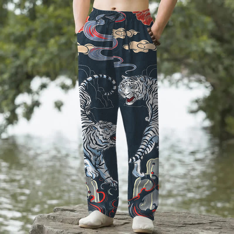 Buddha Stones Weiße Baumwollhose für Herren mit Tigerwolkenmuster, schmal zulaufendem Schnitt und Taschen - Marine - US/ UK/AU50, EU60 (5XL) - image 4
