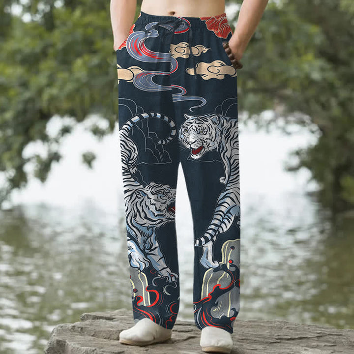 Buddha Stones Weiße Baumwollhose für Herren mit Tigerwolkenmuster, schmal zulaufendem Schnitt und Taschen - Marine - US/ UK/AU50, EU60 (5XL) - image 4