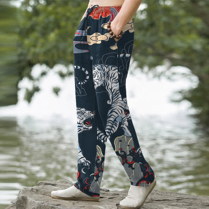 Buddha Stones Weiße Baumwollhose für Herren mit Tigerwolkenmuster, schmal zulaufendem Schnitt und Taschen - image 5