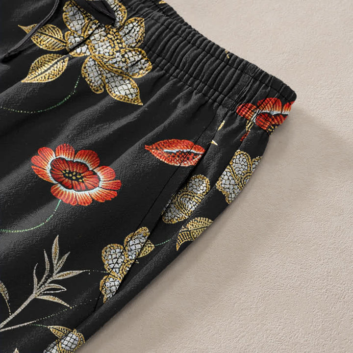Buddha Stones Herrenhose aus Baumwolle mit Tiger-, Blumen- und Bambusmuster, schmal zulaufend und mit Taschen - image 3