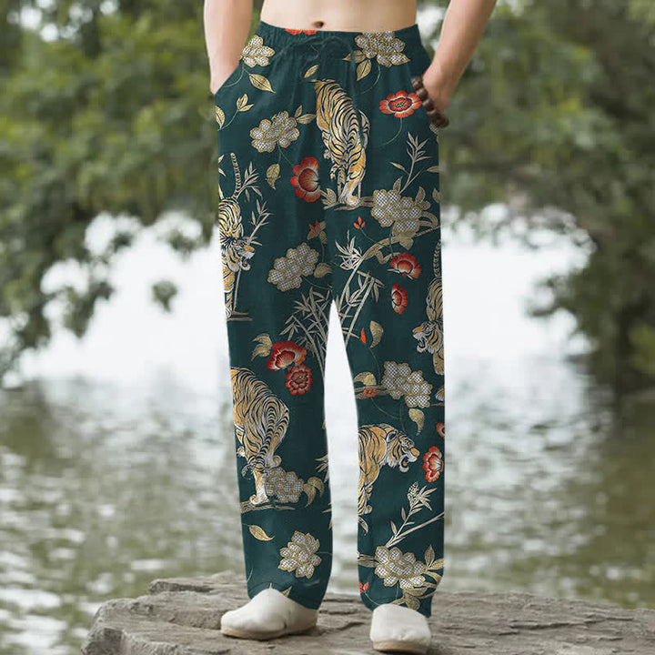 Buddha Stones Herrenhose aus Baumwolle mit Tiger-, Blumen- und Bambusmuster, schmal zulaufend und mit Taschen - Türkis - US/ UK/AU50, EU60 (5XL) - image 4