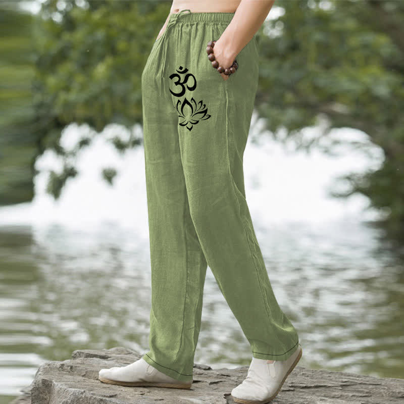 Buddha Stones Herrenhose aus Baumwolle mit Lotus-Om-Muster, schmal zulaufend und mit Taschen - image 1
