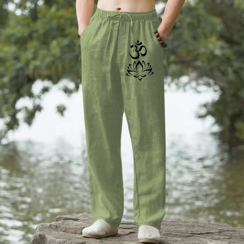 Buddha Stones Herrenhose aus Baumwolle mit Lotus-Om-Muster, schmal zulaufend und mit Taschen - Olivgrün - US/ UK/AU50, EU60 (5XL) - image 0