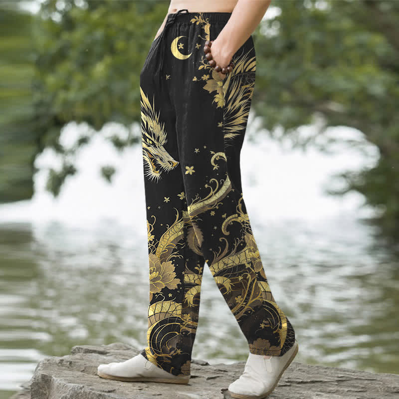 Buddha Stones Herren-Baumwollhose mit goldenem Drachen- und Wolkenmuster, schmal zulaufend und mit Taschen - image 1
