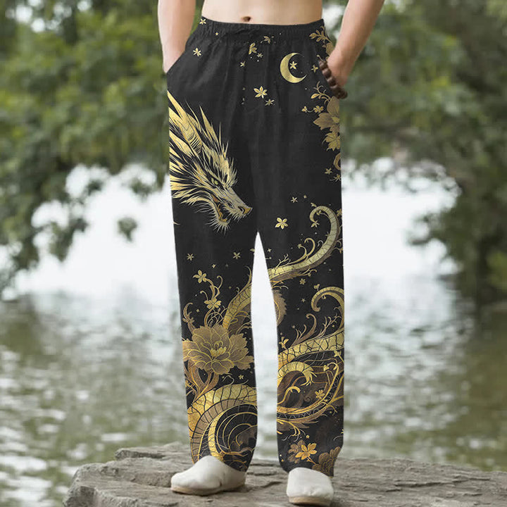 Buddha Stones Herren-Baumwollhose mit goldenem Drachen- und Wolkenmuster, schmal zulaufend und mit Taschen - Schwarz - US/ UK/AU50, EU60 (5XL) - image 0