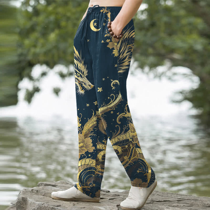 Buddha Stones Herren-Baumwollhose mit goldenem Drachen- und Wolkenmuster, schmal zulaufend und mit Taschen - image 5