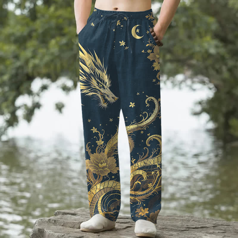 Buddha Stones Herren-Baumwollhose mit goldenem Drachen- und Wolkenmuster, schmal zulaufend und mit Taschen - Marine - US/ UK/AU50, EU60 (5XL) - image 4